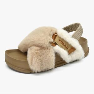 KuaiLu Womens Fuzzy Criss Cross Band Platform Slippers Arch Support